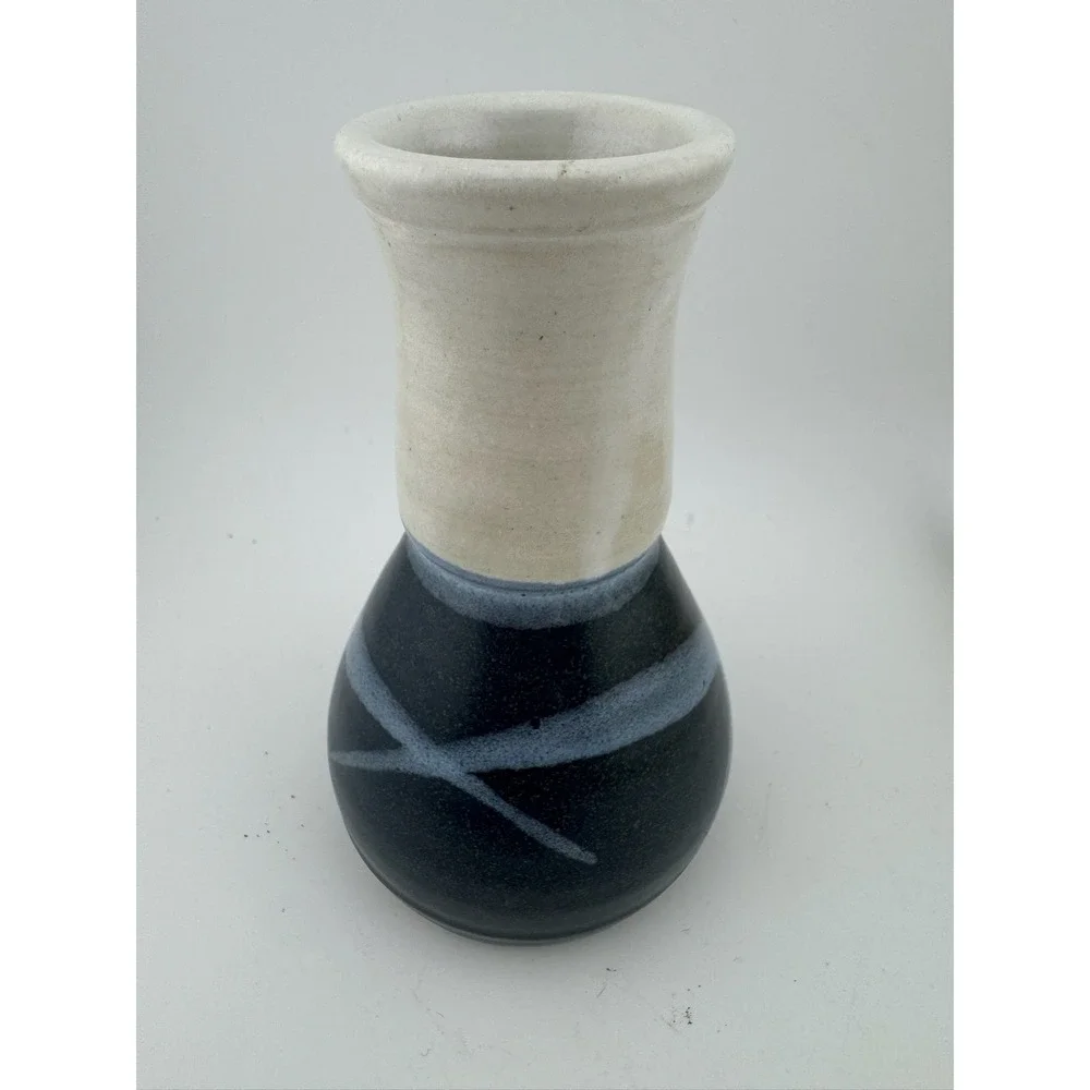 Handmade Pottery Vase‎ Navy Beige Signed Sondahl Small Bud Vase Table Decor